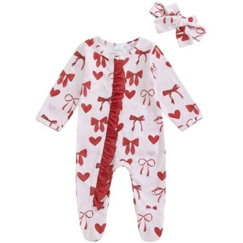 Newborn Baby Girl Bow Heart Footies Romper Long Sleeve Sleeper Headband Zip Up Footed Overalls Coming Home Outfits