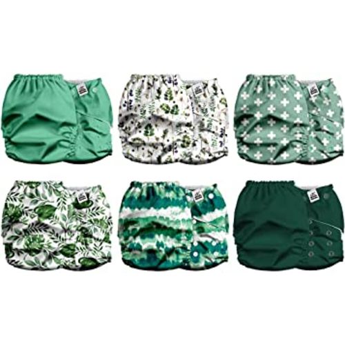 Mama Koala 2.0 Cloth Diapers for Babies with AWJ Lining, 6 Pack with 6 Bamboo Cloth Diaper Inserts - Reusable and Washable Pocket Diapers (Sage Green)
