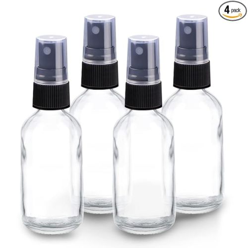 Wedama 4 oz Mini Glass Spray Bottles, Empty Small Spray Bottles with Funnel Dropper, Fine Mist for Hair, Travel, Plants, Cleaning Solutions and Skin Care (4 Pack Clear)