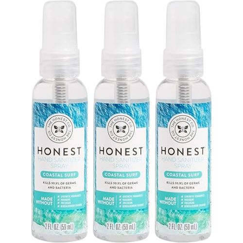 The Honest Company Plant-Based Hand Sanitizer Spray | Kills 99.9% of Germs | Hypoallergenic, Quick-drying + Moisturizing | Coastal Surf, 2 fl oz each (pack of 3)
