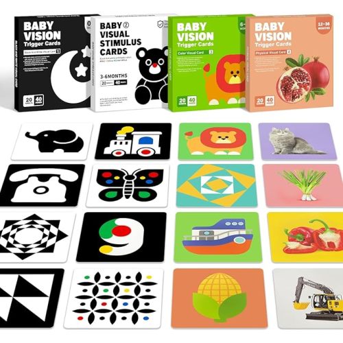 4 Sets High Contrast Baby Cards, 80 Pcs 160 Page Black White Colorful Baby Flashcards Newborn Toys for Infants Visual Stimulation Brain Sensory Development(0-36 Months)