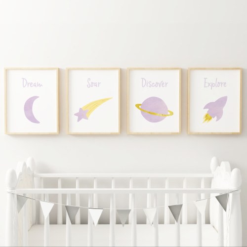 Space themed nursery, Girl space nursery prints, Space nursery decor, Lavender nursery wall decor, Girl space decor, Outer space nursery art