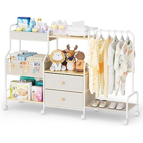 BBLIKE Diaper Caddy Organizer with Hanging Rack - 3 Tier Rolling Utility Cart with Drawers and Dividers for Baby Bottle Storage - Bedside Cart for Changing Station, Crib, Nursery, Bedroom, Beige