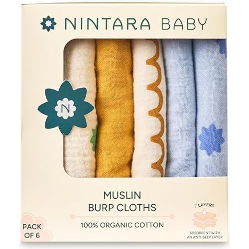 Burp Cloths - 100% Organic Premium Muslin Cotton, Extra-Large, 22" x 12", 7-Layer Absorbent & Waterproof, Reversible, Soft & Hypoallergenic, Gifts for Newborns, Pack of 6