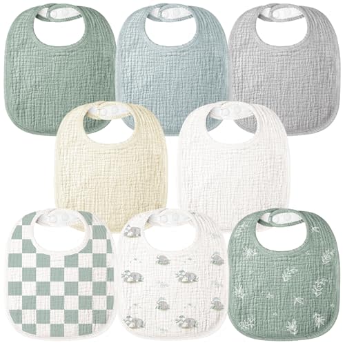 Bearmoss Baby Bibs for Drooling and Teething 100% Cotton Muslin Bibs for Baby Boy & Girl,Adjustable, Ultra Absorbent,8 Pack