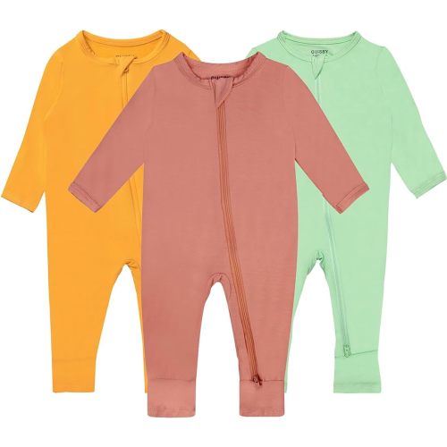 GUISBY Baby Pajamas with Mitten Cuffs - 3Pcs Girls Boys 2 Way Zipper Long Sleeve Rayon Sleepers