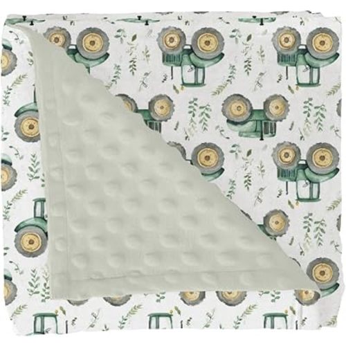 Watercolor Green Tractors Baby Blankets for Girl Boy Farm Tractors Boho Leaves Soft Mink Dotted Backing Double Layer Swaddle Receiving Blanket Farm Life Bed Throws for Newborn Toddler Crib 30x40