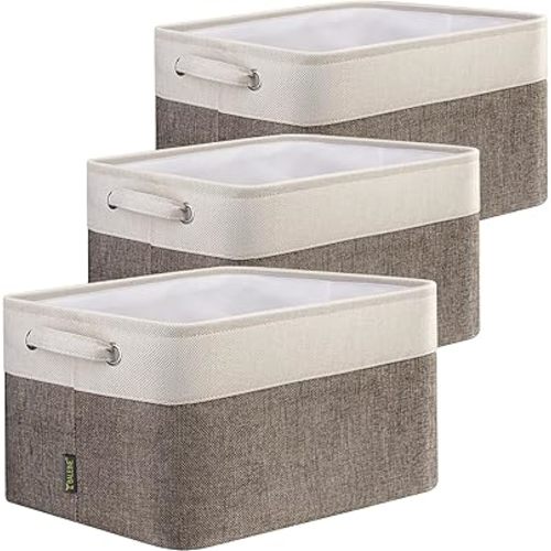BALEINE 3 Pack Fabric Storage Bins for Shelves, Linen Storage Baskets for Organizing, Decorative Closet Bins for Clothes, Home (Brown, 15"x11"x9.5")