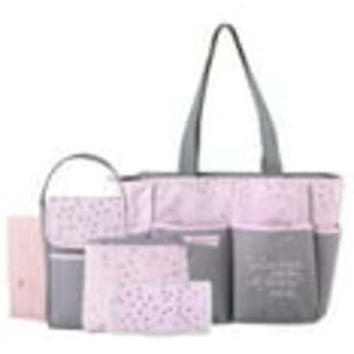 Baby Essentials 5-Piece Diaper Bag Set with Changing Pad, Wipes Case, Bottle Bag & Pouch in Pink & Gray Hearts