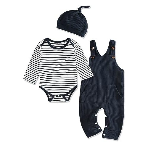 oklady Baby Boy Clothes Stripe Pattern Print Romper Top and Baby Overalls with Hat 0-18 Months Baby Boy Outfits