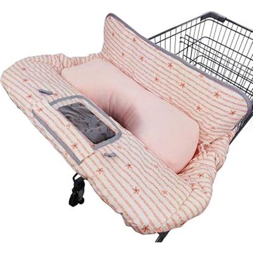 Shopping Cart Cover for Baby/Toddler with Pillow, 2-in-1 Cotton High Chair Cover, Sturdy Stay, Easy Attach & Remove, fit Cellphone Holder & Toy Loops, Perfect for Girl (Pink Strip Star)