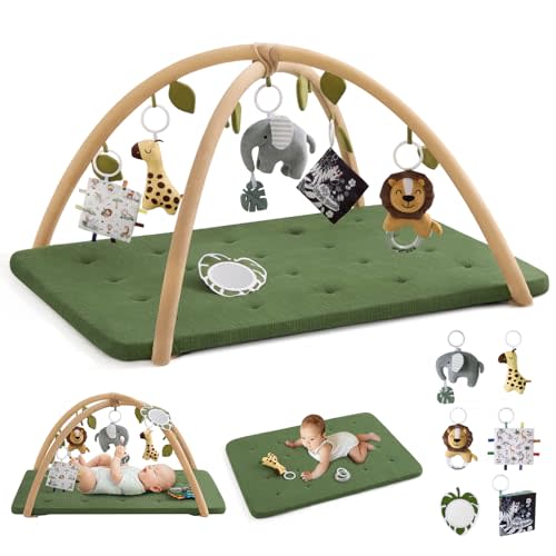 Blissful Diary Baby Play Gym Mat, Extra Thick Muslin Cotton Tummy Time Mat with 6 Sensory Toys for Newborn Development, Non-Slip Cushioned Foam Padding, Baby Essentials Shower Gift, Forest Green