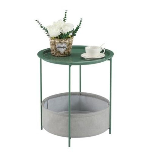 VECELO Round Side/End Table with Fabric Storage Basket, Metal Anti-Rust and Waterproof Small Bedside Nightstand with Removable Tray Top, Gray