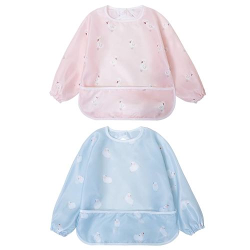 Little Dimsum Baberos para bebés a prueba de desorden | Manga larga impermeable para niños pequeños | Atrapar alimentos y limpiar | Paquete de 2 colores de pato y oveja