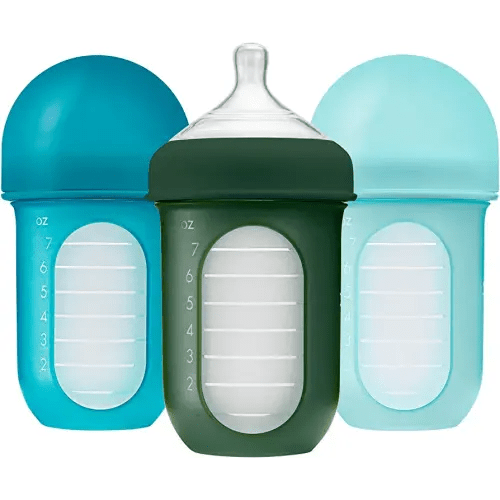 Boon Nursh Reusable Silicone Baby Bottles with Collapsible Silicone Pouch Design - Everyday Baby Essentials - Stage 2 Medium Flow Baby Bottles - Blue - 8 Oz - 3 Count