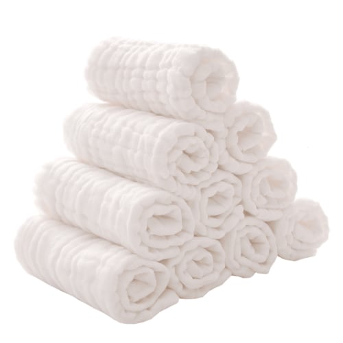 Baby Muslin Washcloths and Burp Cloths, Soft Absorbent Towels for Newborns,10 Pack, 12x12 Inches (White)