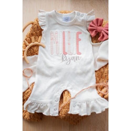 Personalized baby girl romper, vintage floral infant coming home outfit, baby shower gift, newborn outfit ruffle flutter, custom name