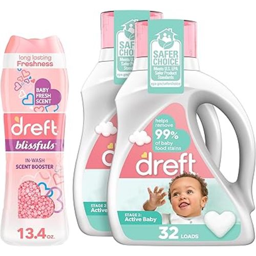 Bundle of Dreft Stage 2: Laundry Detergent Liquid Soap, 64 Total Loads (Pack Of 2) + Dreft Blissfuls In-Wash Scent Booster Beads, Baby Fresh, 13.4 oz
