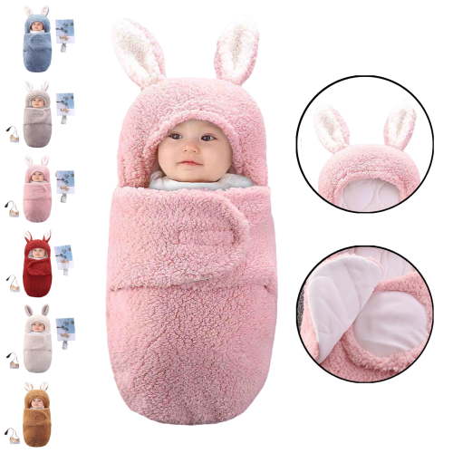 LEKWK Baby Swaddle Blanket with Hood Warm Baby Thermal Sleeping Sack 3D Cartoon Rabbit Ear Cute Loungewear Newborn Winter Thermal Receiving Blanket 0-6M