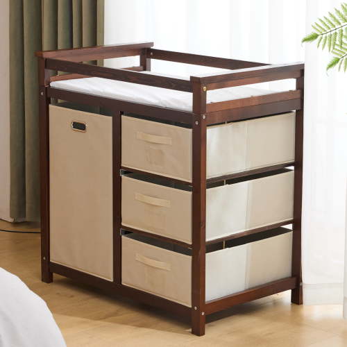 HSUNNS Diaper Changing Table, Wooden Infant Changing Table Dresser with Removable Top, 3 Fabric Drawers and Fabric Bag, Baby Changing Station for Nursery, Espresso