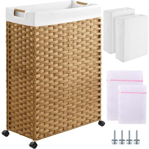Greenstell Laundry Hamper with Wheels & Handles, 100L Slim Laundry Basket with 2 Removable Liner Bags & 2 Mesh Bags, Foldable Narrow Clothes Hamper for Bedroom, Bathroom, Closet, Natural