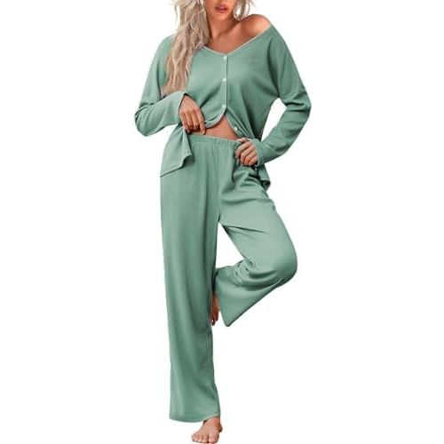 Ekouaer Womens Waffle Knit Pajamas Long Sleeve Lounge Set Button Up Pjs Loungewear with Pockets