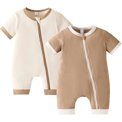 Bafeicao Unisex Baby Boy Girl 2 Pack Rompers Short Sleeve Two Way Zipper Romper One Piece Jumpsuits Clothes Sets