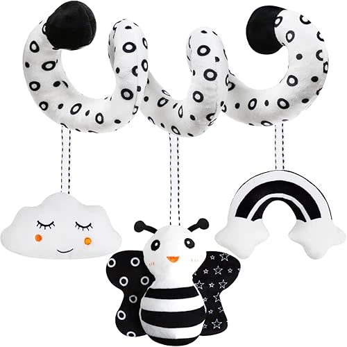 Baby Spiral Hanging Stroller and Car Seat Toys Black and White High Contrast Sensory Toy Newborn Plush Activity Toys Party Favors Quality Gifts for Baby Shower Easter Basket Stuffers -BEE