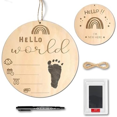 Baby Birth Announcement Sign with Marker Pen, Wooden Hello World Newborn Sign with Ink Pad for Baby Hand and Footprints, Double-sided Newborn Announcement Sign for Baby Shower Photo Prop Keepsakes