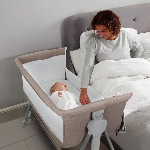 Cowiewie Bassinet Bedside Sleeper, Baby Bassinet with 7 Adjustable Height, Bedside Bassinet for Baby with Storage, Breathable Mesh & Mattress, Portable Bassinet Easy Folding (Baby Brown)