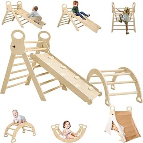 7 in 1 Pikler Triangle Set, Foldable Toddler Baby Climbing Toys with Arch&Ramp&Ladder, Wooden Montessori Climbing Set with Tent, Baby Climber Indoor Playground Jungle Gym for Toddlers Montessori Toys