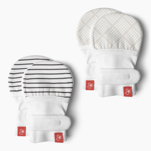 Goumi Kids Stay on Baby Mitts (2 Pack) - Stripe Gray + Diamond Dots Cream, 0-3 Months