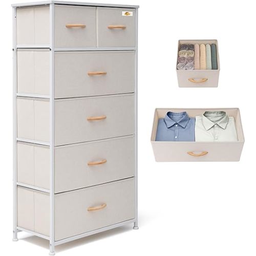 Fabric Dresser for Bedroom, Tall Skinny Dresser with 6 Drawers, Storage Organizer Tower, Steel Frame Wooden Top for Closet, Living Room, Hallway(Beige)