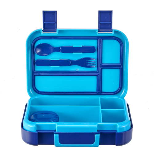Your Zone Plastic Bento Box with 4 Compartments, Fork, Spoon, 1 Dressing Container, Blue