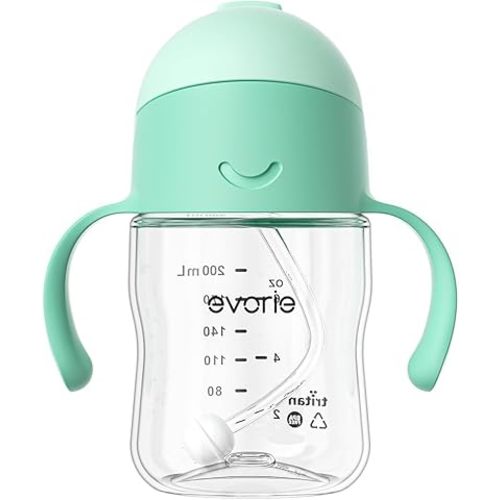 Evorie Tritan Weighted Straw Sippy Cup with Handles for Baby and Toddlers 6 months up, 7 Oz Soft Silicone Straw Infant First Training Water Bottle (Mint)
