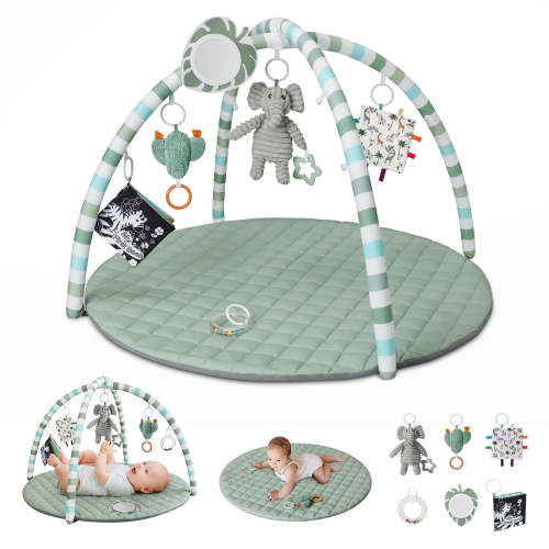 Blissful Diary Baby Play Gym Activity Mat, Tummy Time Mat Play Mat with 6 Sensory Toys for Motor Skill Development, Newborn Infant Baby Essentials Gift for Boys Girls, Sage Green