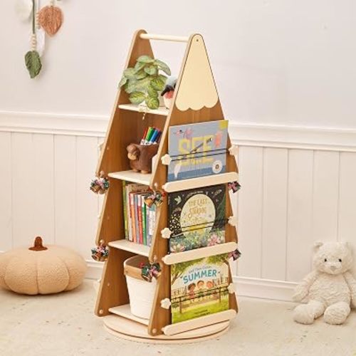 OOOK Solid Wood Rotating Bookshelf Tower 4 Tier, 360°Display Floor Standing Spinning Bookshelf Tower, Small Corner Bookcase for Small Spaces, Kids Tree Book Shelf for Kids Rooms, Classroom, Nursery