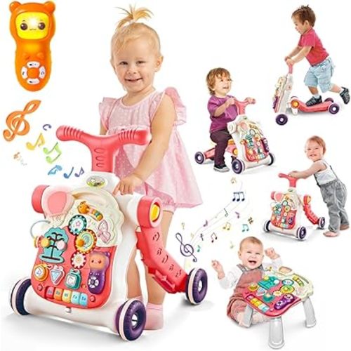 5 in 1 Baby Walker Sit-to-Stand Toys, Learning Walker for Boys Girls Toddler, Multifunctional Educational Activity Center Removable Play Panel, Push Walker Toys Gifts for Infant 6-18 Months