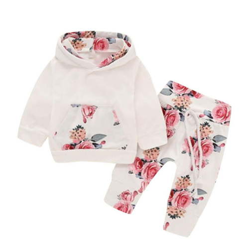 Odeerbi Baby Girl Clothes Newborn Infant Floral Hooded With Pocket Sweatshirt Pants Headband Outfits Set