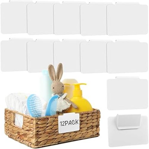 12pcs White Basket Labels Clip On for Storage Bins, Removable PVC Labels for Baskets with Holders, 3.5x2.7 Inches