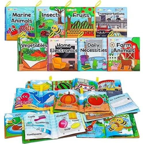 Dr.Rapeti Soft Cloth Books Baby Books Bath Books 8-Pack for Baby Infant Toddler Kid Crinkle Washable Chewable Non-Toxic Early Educational Preschool Learning Giftable
