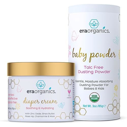 Organic Baby Powder & Diaper Rash Cream– USDA Organic Talc-Free Powder & Zinc Oxide Diaper Cream to Help Soothe, Moisturize & Protect Delicate Skin