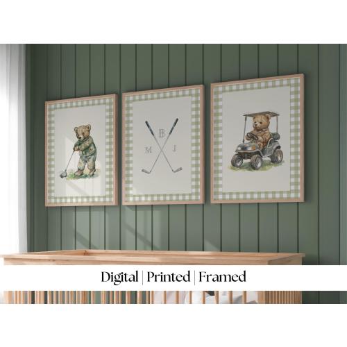 Bear Nursery Golf Art by House of Hari • Plaid Green Golf Boy Nursery Decorating • Print, Framed or Canvas