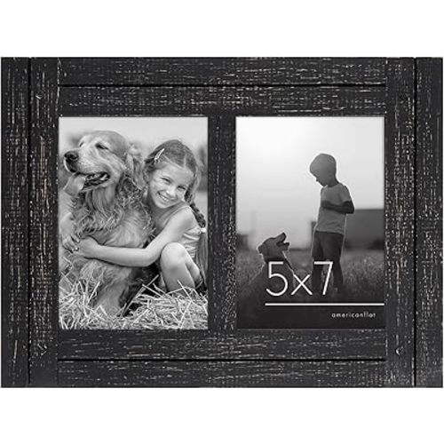 Americanflat 5x7 Double Picture Frame with Polished, Crystal Clear Glass - Hampton Collection - Distress Wood Collage Picture Frames for Tabletop and Wall Display - Charcoal Black