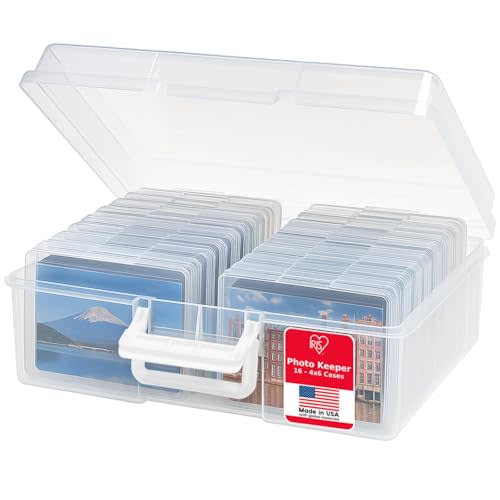 IRIS USA Photo Storage Case with 16 Inner 4" x 6" Picture Cases, Transparent Handle Container Organization Scrapbooking Stationery, Clear