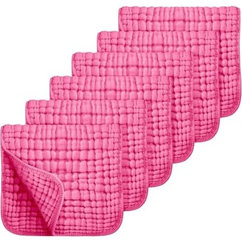 JhettyBaby Muslin Burp Cloths Large 100% Cotton Hand Washcloths for Babies, Baby Essentials 6 Layers Extra Absorbent and Soft Boys & Girls Baby Rags for Newborn Registry (Bright Pink)