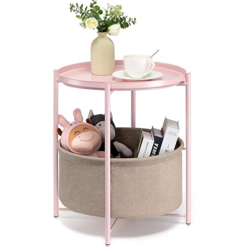 danpinera Round Side Table with Fabric Storage Basket, Metal Side Table Small Bedside Nightstand with Removable Tray Top for Living Room, Bedroom, Nursery, Laundry, Light Pink