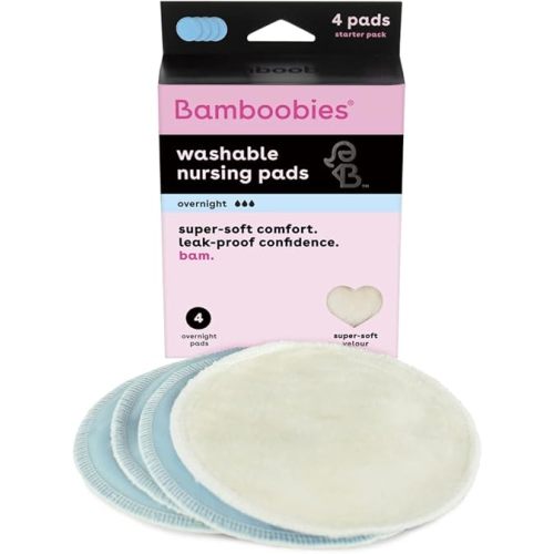 Bamboobies Reusable & Washable, Ultra-Absorbent Overnight Nursing Pads for Breastfeeding, Super Soft Rayon Made From Bamboo, Milk Proof Liner, Natural, 2.4 Oz, 4 Count