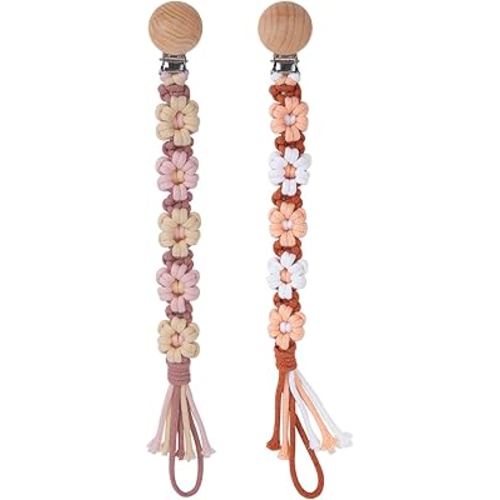 Pacifier Clip for Boys Girls Floral Daisy Macrame Baby Paci Clip Pacifier Holder Leash Boho Wooden Clips Handmade Braided Cotton Binky Clips (2pack:Caramel Style × 2)