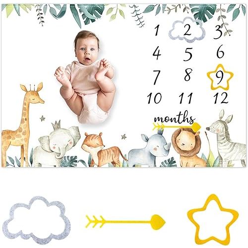 CSFOTO Baby Monthly Milestone Blanket 60"x40" Jungle Animals Tropical Plants Safari Themed